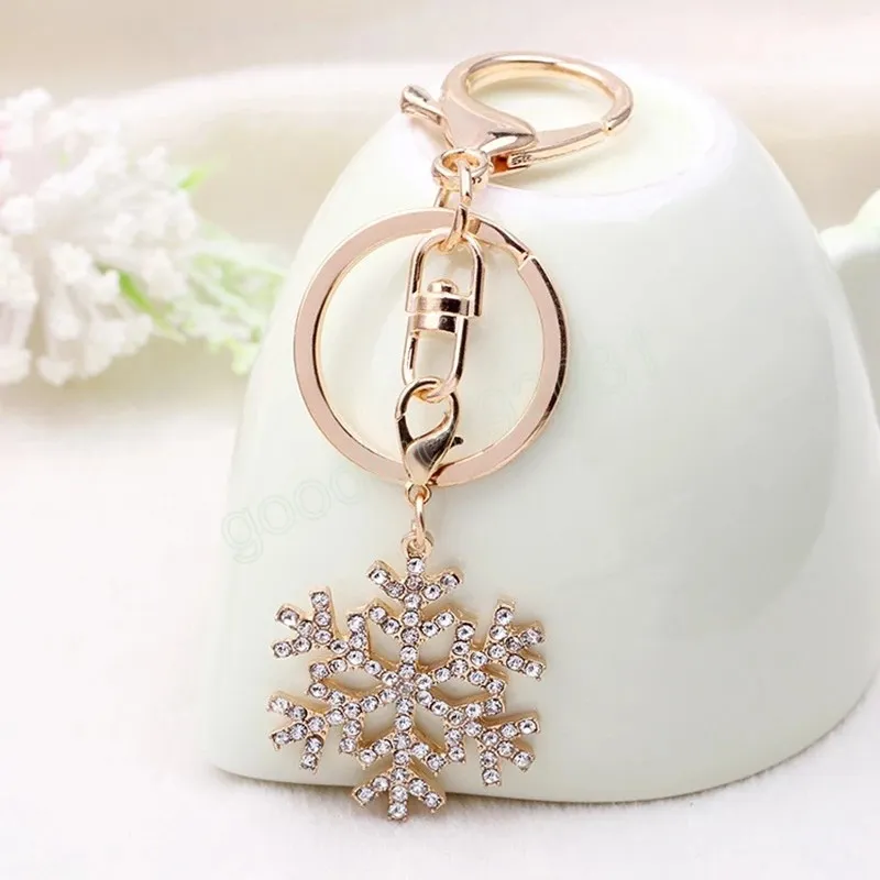 Christmas Snowflake Keychain Key Ring Chains for Women Golden Clear Rhinestone Keyring Titular Acessórios -chave Presente de Natal