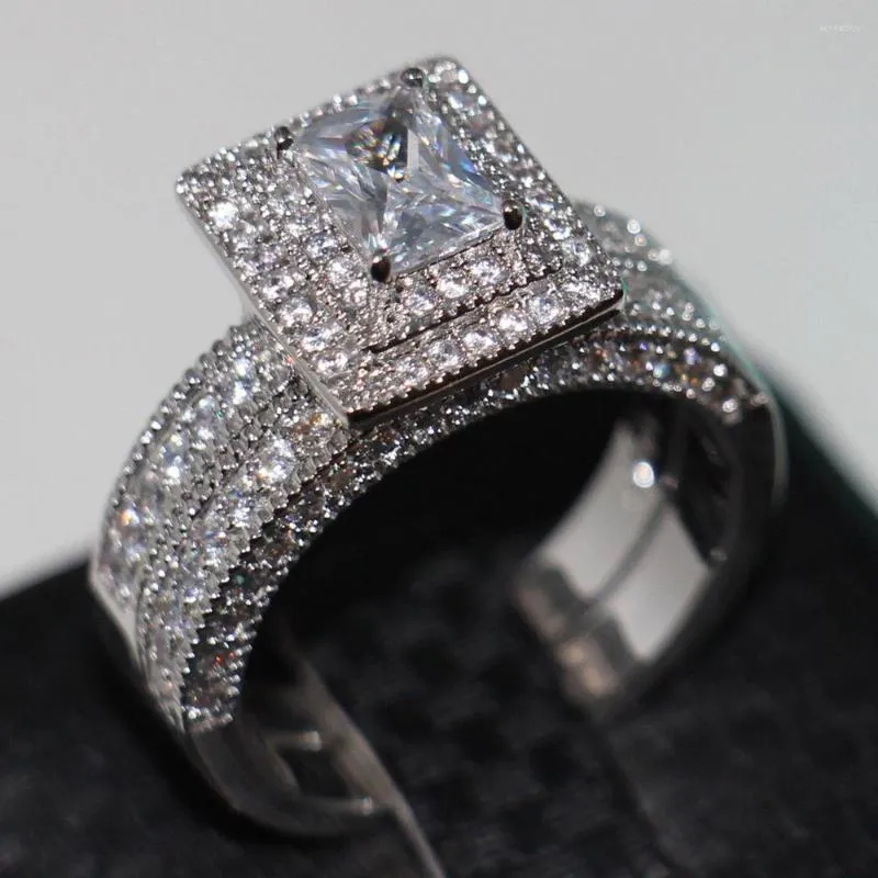 Pierścionki ślubne Rozmiar 5-10 Drop luksusowa biżuteria 14KT biały złoto napełnienie księżniczki Cut Clear 5a cyrkonia para pierścień ślubnych Prezent