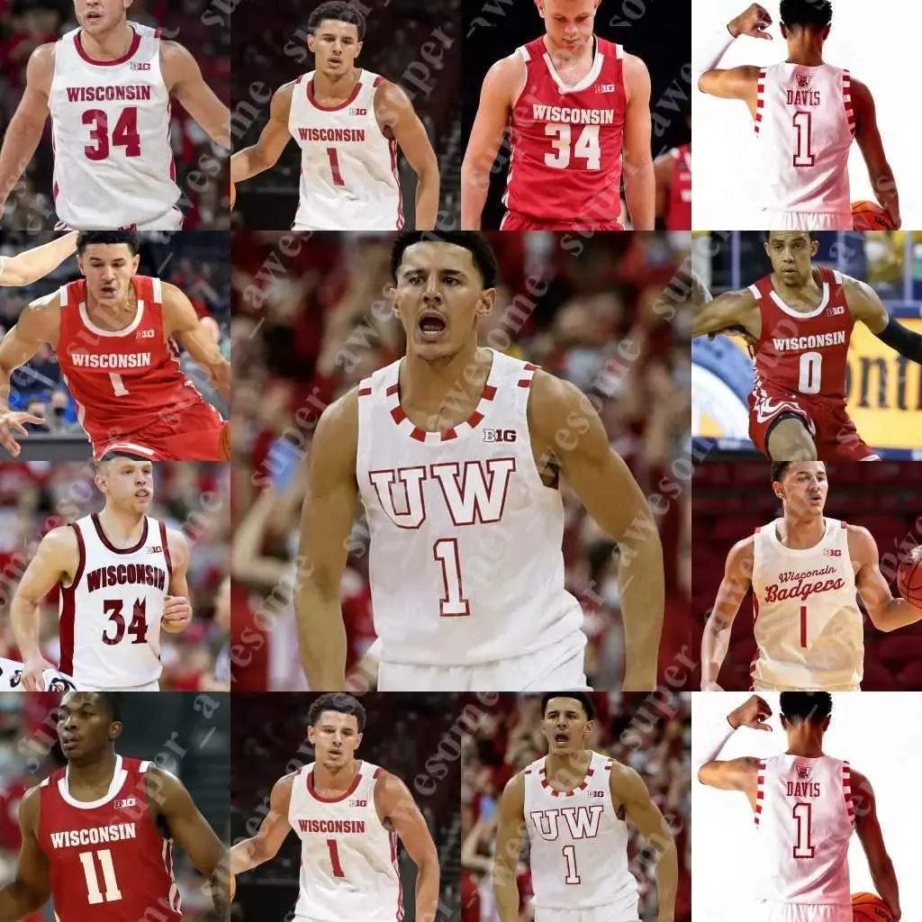 cousu NCAA Wisconsin Badgers Basketball Jersey Johnny Davis Brad Davison Tyler Wahl Steven Crowl Chucky Hepburn Lorne Bowman II Jahcobi Neath Ben