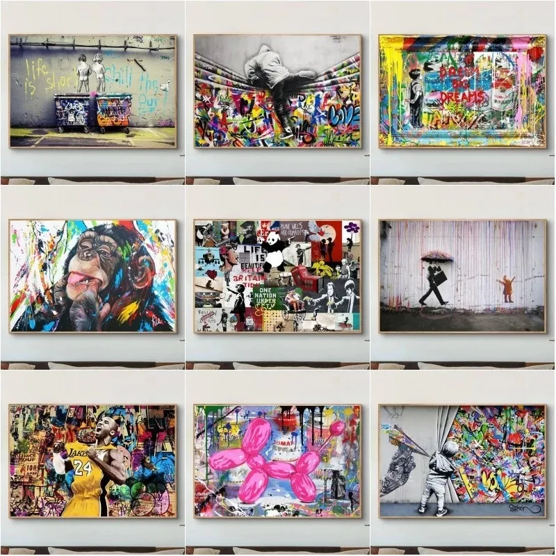 Street Graffiti Art Banksy Pop Art Canvas schilderen Grappige ontworpen dierenposters en klassieke verhuizing beroemde sterren prints woonkamer decoratie muurfoto's