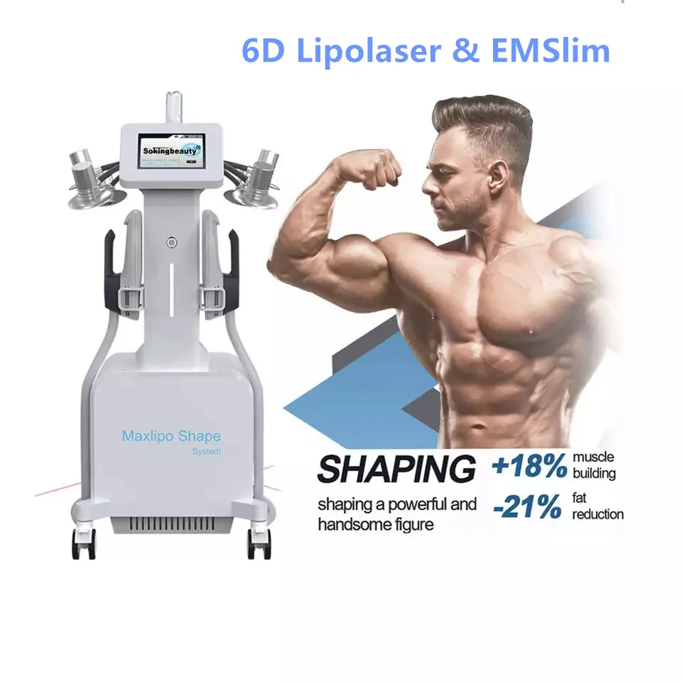 Schlankheitsmaschine, 635 nm Wellenlänge, 6D-Lipolaser, rotes Licht, mit 2 Emslim-Griffen, Muskelstimulator, nicht-invasive EMS-Körperformung