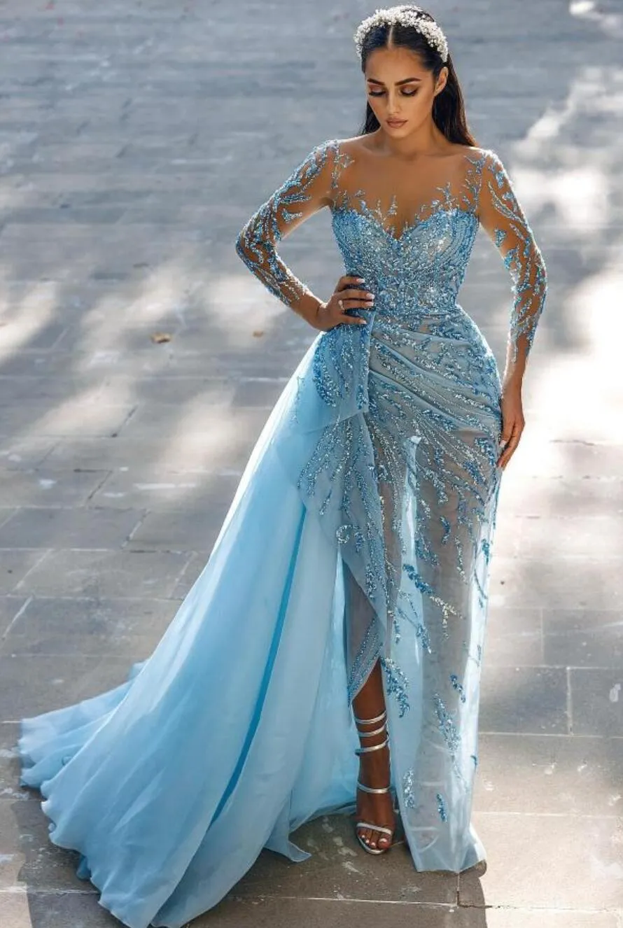 Appliques Ice Blue Prom Two Piece Long Sleeves Evening Dress