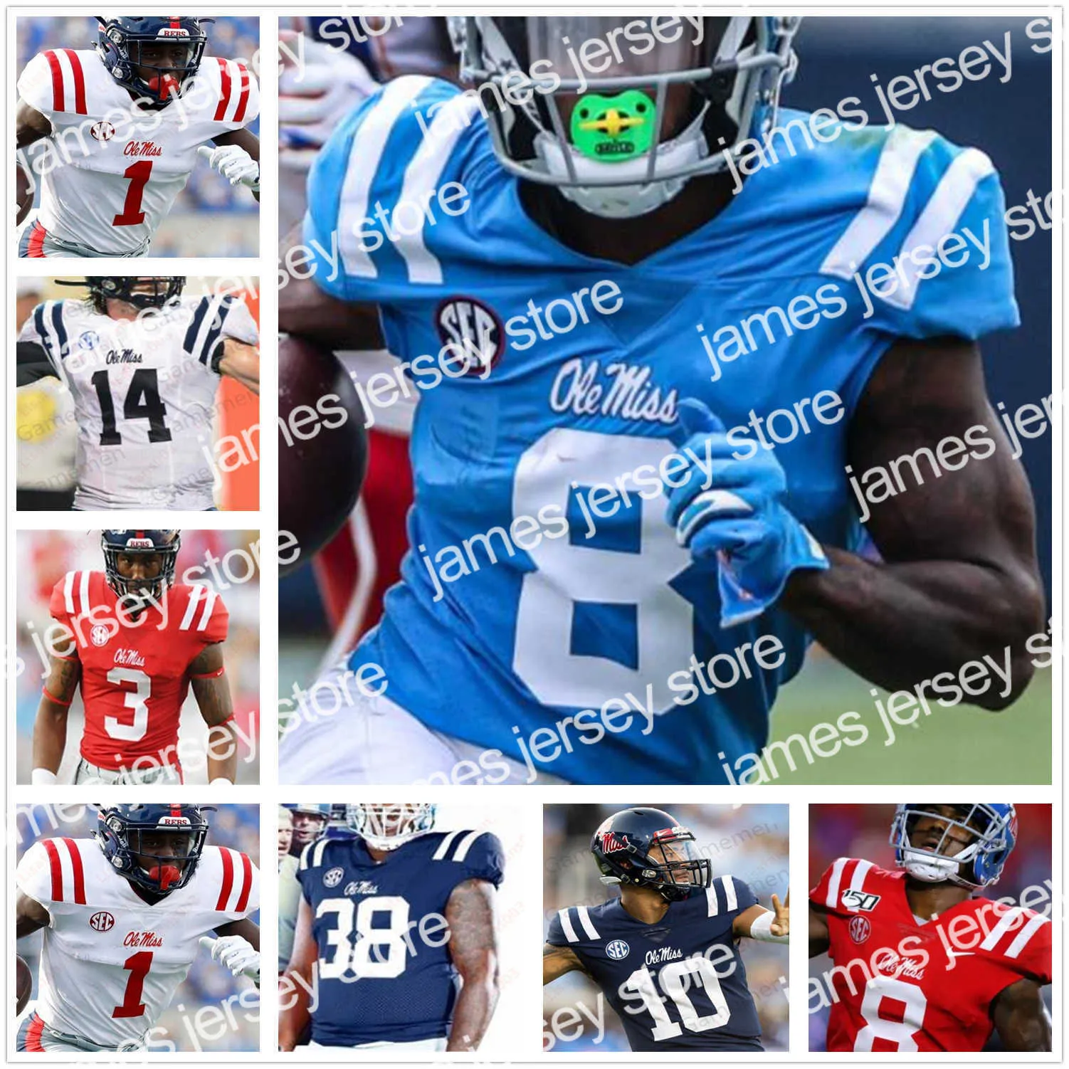 American College Football Wear Ole Miss Rebels Jersey DK Metcalf Mike Wallace Eli Manning Chad Kelly Elijah Moore Jerrion Ealy Keidron Futebol costure