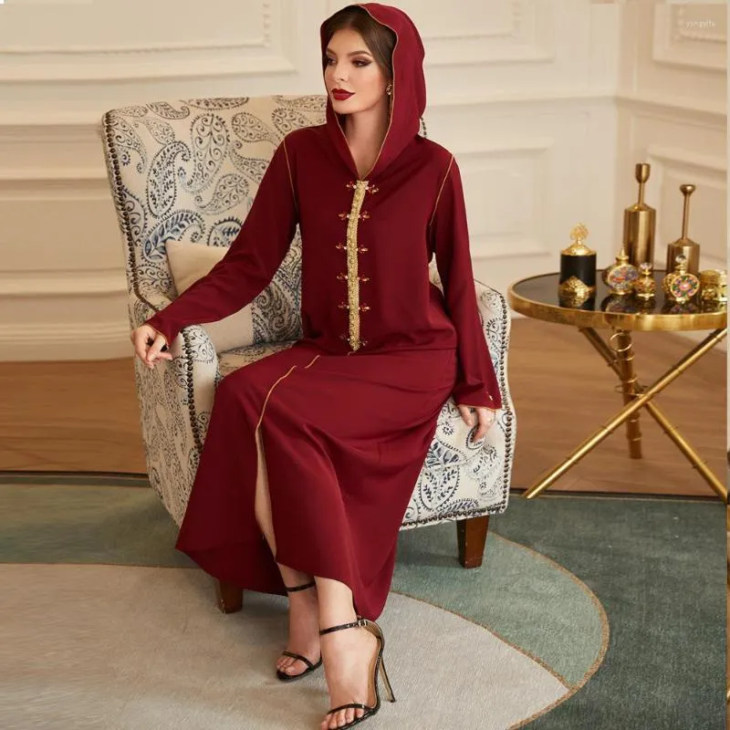 Vêtements ethniques Donsignet Mislim Femmes Robe Rouge Foncé Bleu Or Dentelle Diamants Robe À Capuchon Abaya Musulman Moyen-Orient Asie Du Sud-Est Mode