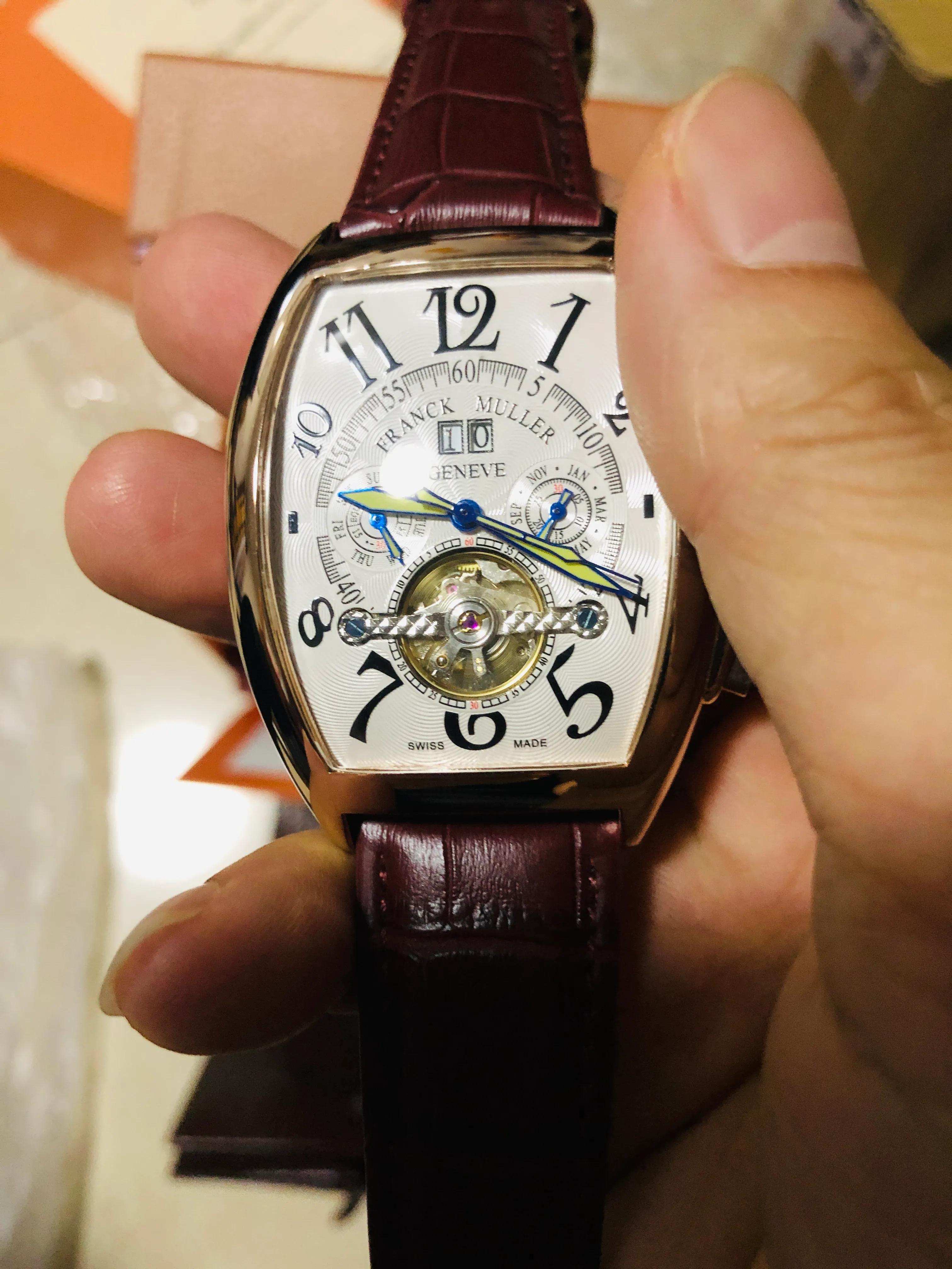 Genève luxe horloges lederen band tourbillon mechanische mannen horloge dropshipping dag datum skelet automatische mannen horloges geschenken FRANCK MULLER exquise geschenk blauw