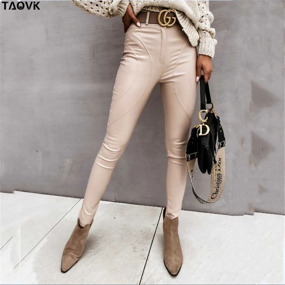TAOVK taille haute épissé pantalon en cuir ample femmes automne solide cordon en cuir PU pantalon femmes pantalon droit femme 2020 T221020