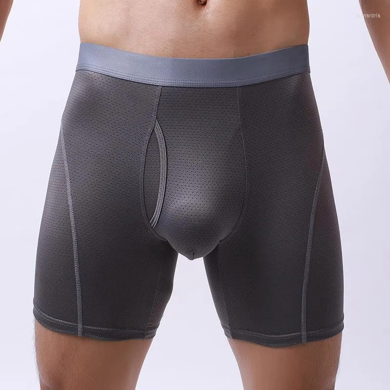 Underpants Long Men Boxer Underwear Mesh Breathable Shorts Leg Trunks Sexy Pouch Fitness Running