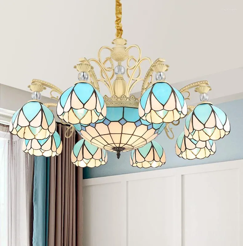 Hanger lampen mediterrane lamp woonkamer kroonluchter slaapkamer blauw glas pastorale Europeaan