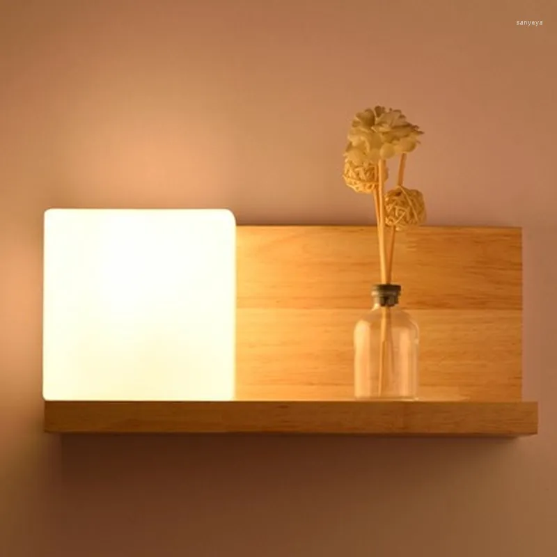 Wall Lamp Bedside Wood Storage Rack E27 Socket Bed Room Night Light Frosted Glass Shade Modern Nordic Style Home Lights