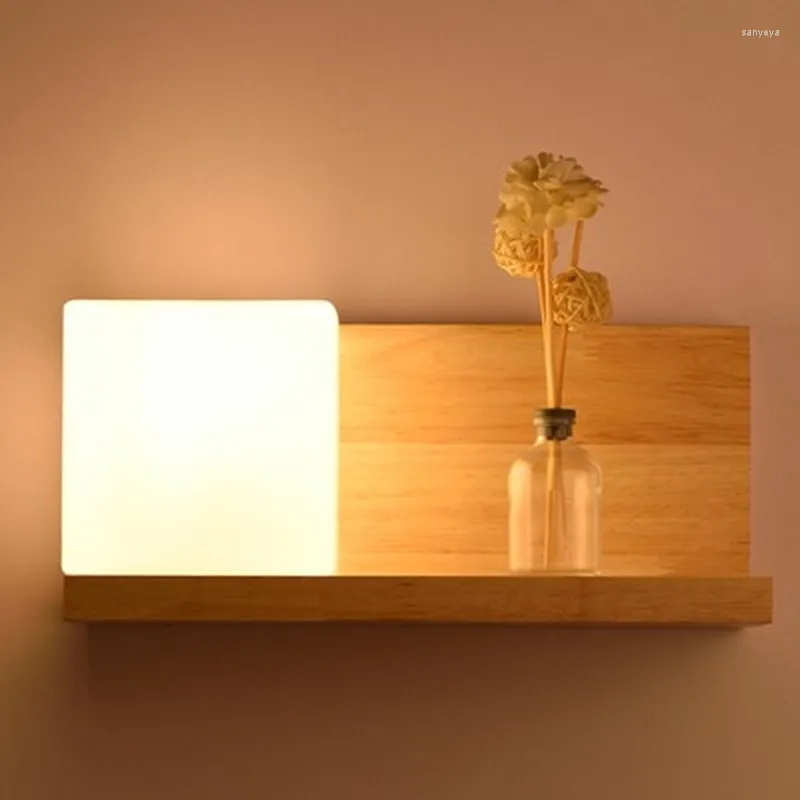 Lampada da parete Comodino Portaoggetti in legno Presa E27 Camera da letto Luce notturna Paralume in vetro smerigliato Luci domestiche moderne in stile nordico