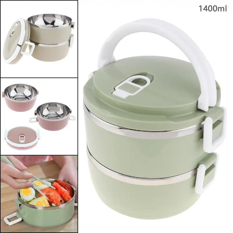 Dinnerware Sets 4 Colors 1.4L Portable Hand-held Removable High-capacity 201 Stainless Steel PP Two Layer Insulation Barrel Lunch Box