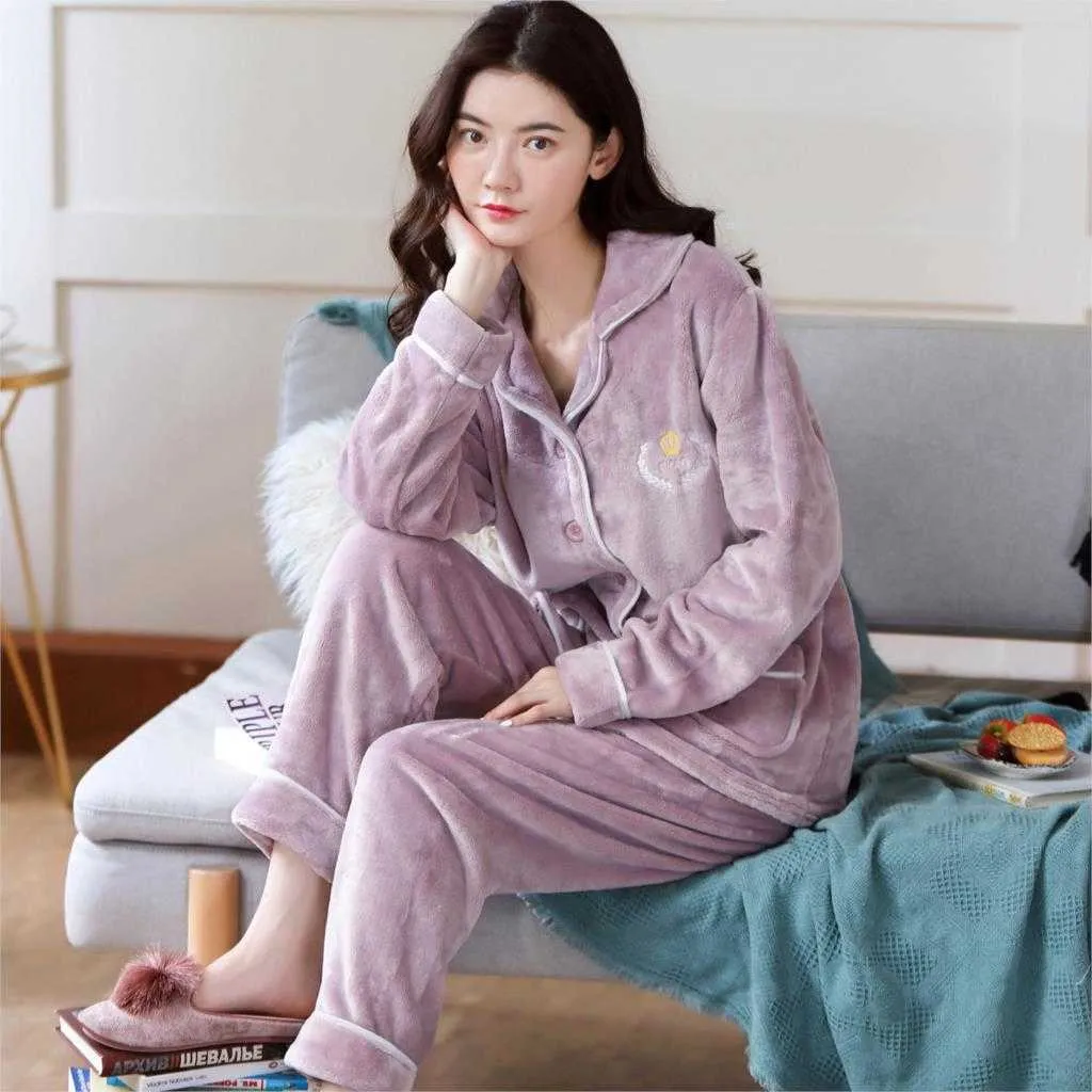 Winter Womens Flannel Pajama Set Thicken Warm Soft Long Sleeve Ackermans  Sleepwear For Ladies For Girls And Ladies From E3zg, $23.27
