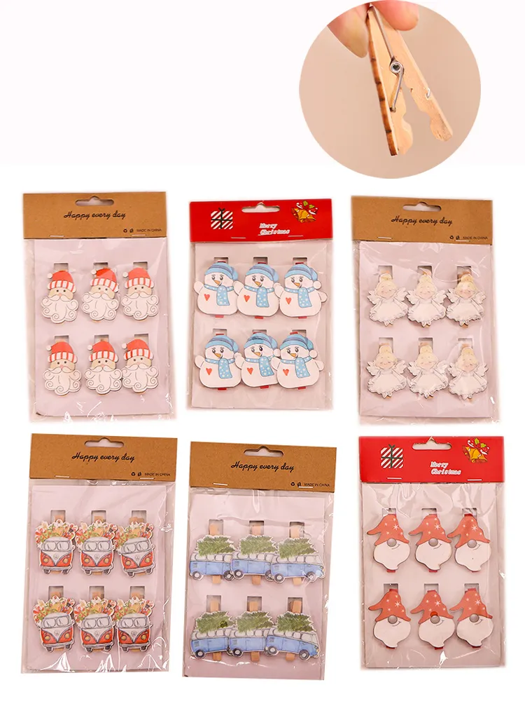 6 datorer/set julklipp Santa Snowman Clothespins för Xmas Wedding Hanging Pictures Photos Anteckningar Dekoration XBJK2210