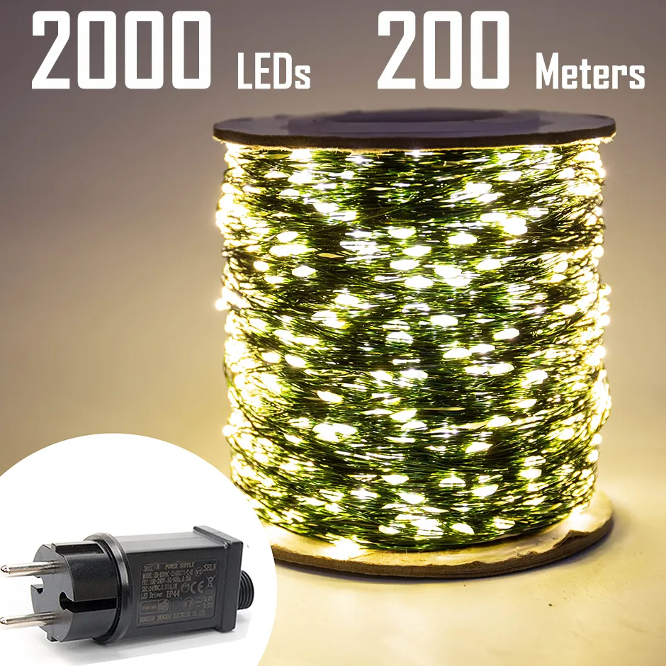 LED telleri 200m yeşil tel açık LED ip ışıkları Noel ağacı düğün partisi için tatil su geçirmez peri çelenk