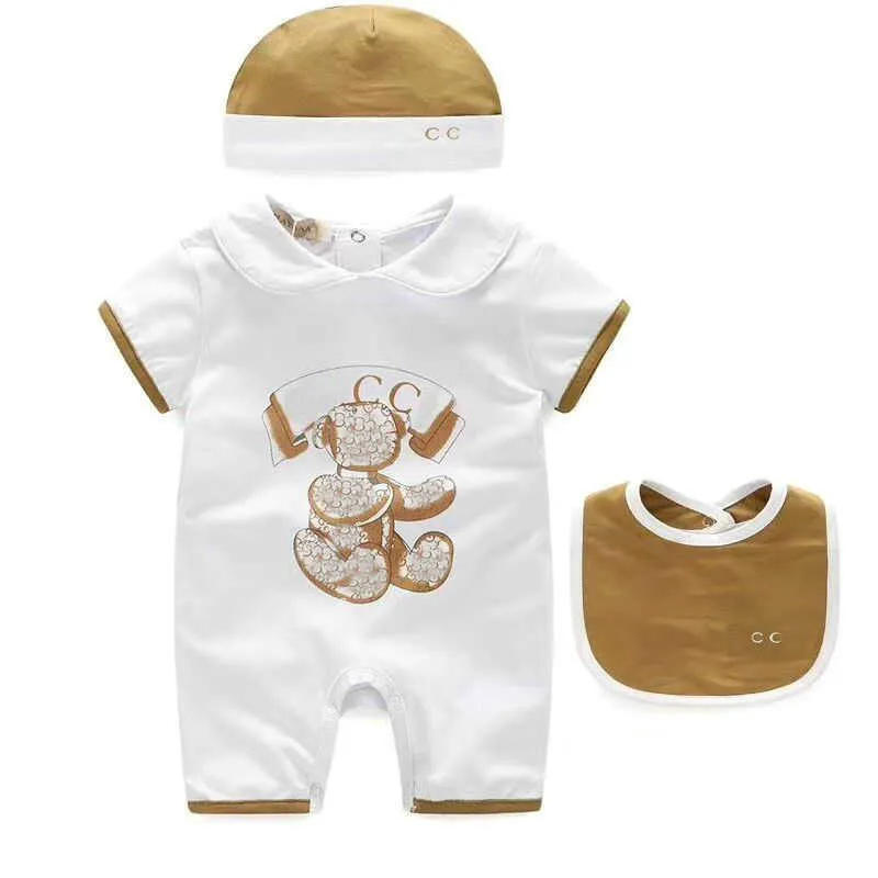 Rompers 100%cotton Baby Boy Girl Kids Designer 1-2 Years Newborn Short Sleeves Jumpsuit Hat Bibs 3 Piece Set Clothing G007