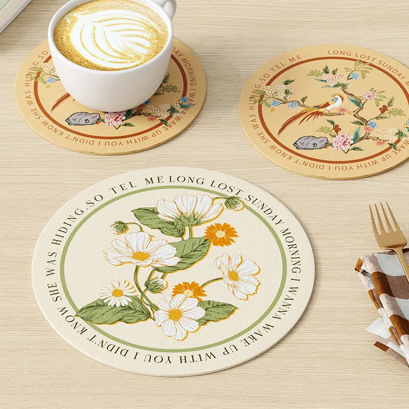 Round Flower PVC Placemat Washable Insulation Pad Non-slip Coaster High Temperature Resistance Placemat Desktop Decoration MJ0938