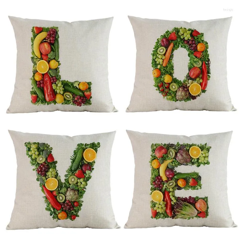 Pillow Creative Varied Green Vegetables And Fruits Alphabet A-Z 26 Letters Linen Case Sofa Kids Room Decoration Cover