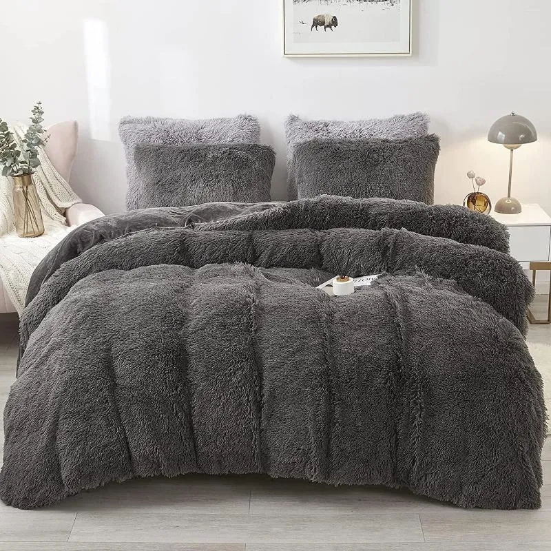 Ensembles de literie Housse de couette moelleuse Ensemble de lit Fausse fourrure Couette floue Luxe Ultra doux en peluche Shaggy 3 pièces