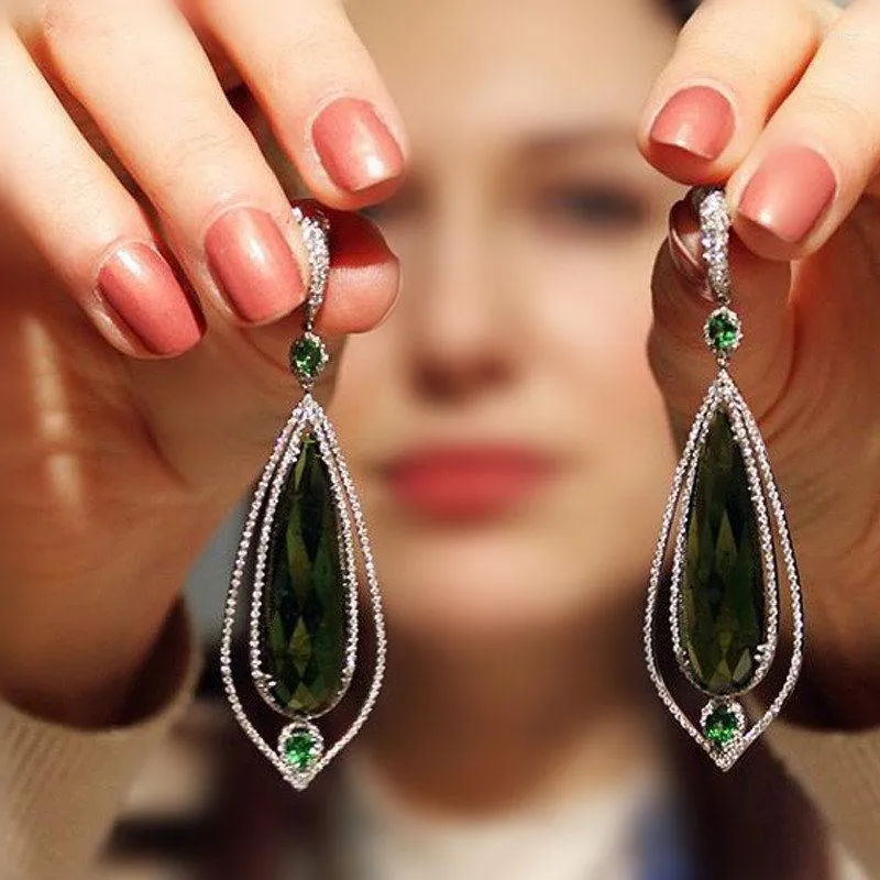 Dangle Earrings 2022 Korean Drop Earings Green Crystal Zircon Silver For Women Jewelry Wedding Engagement Statement Brincos Gift