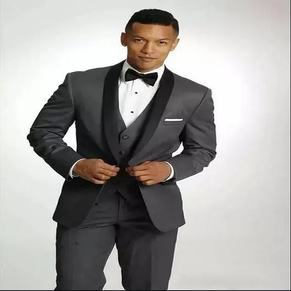 Slim gris foncé mariage Tuxedos noir revers un bouton marié smoking hommes dîner Darty 3 pièces costume veste pantalon gilet