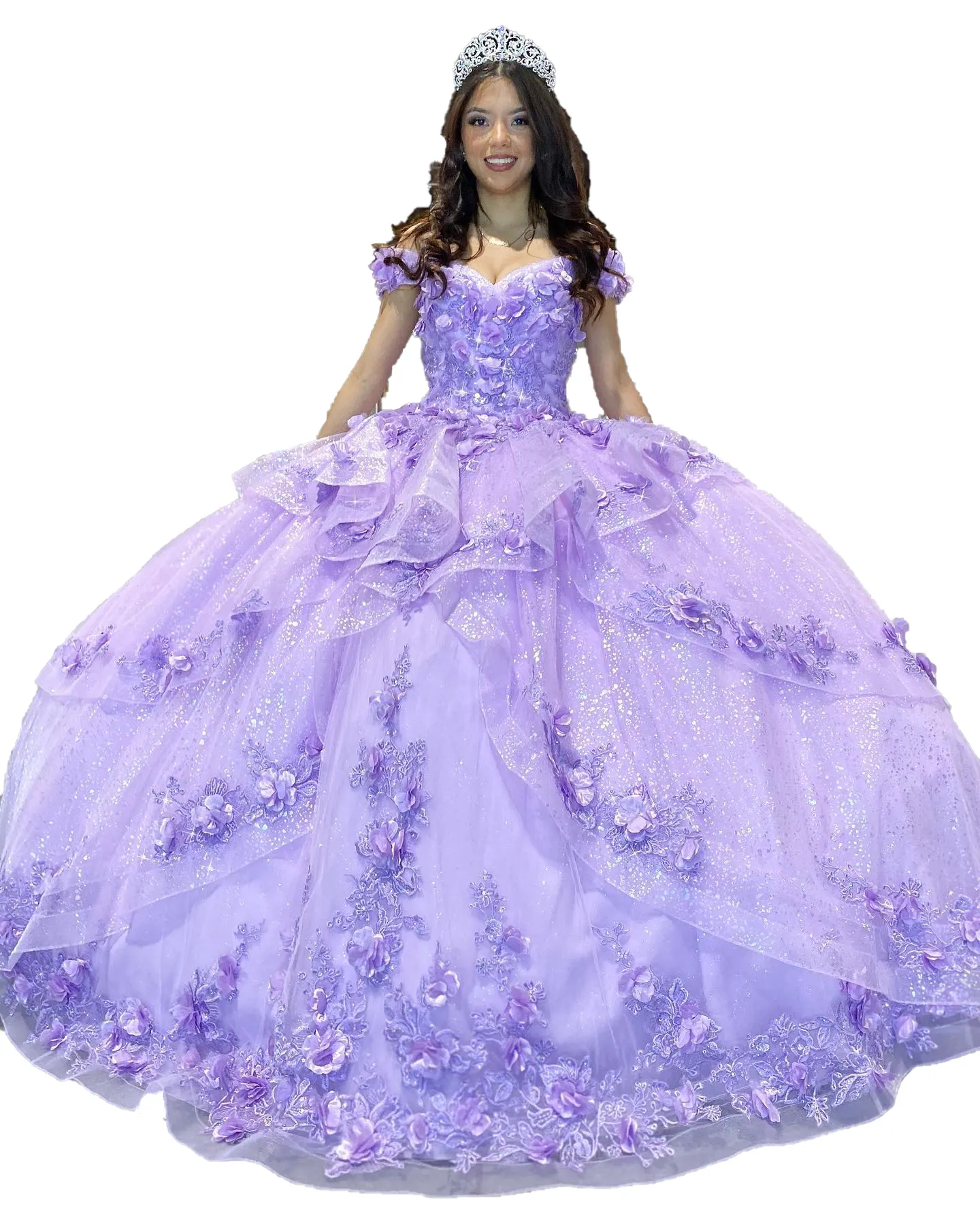 Lilac Quinceanera Dress 2024 Glitter Sparkle Off-Shoulder Quince Ball Gown Corset Sweet 16 Birthday Party Prom Gala Vestidos De 15 Anos Charro Mexican 3D Flowers Blue