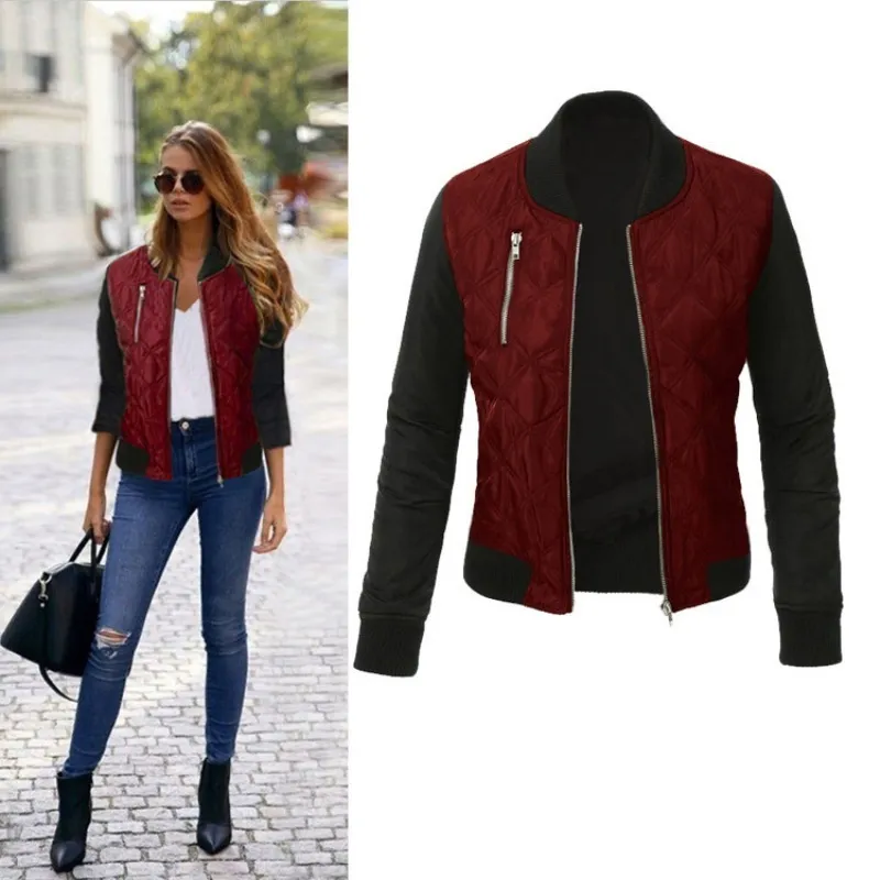 Womens Jackets Autumn Winter Leisure Fashion Solid Women Jacket Oneck Zipper Stitching Quilted Bomber jacket Women Coats 221021