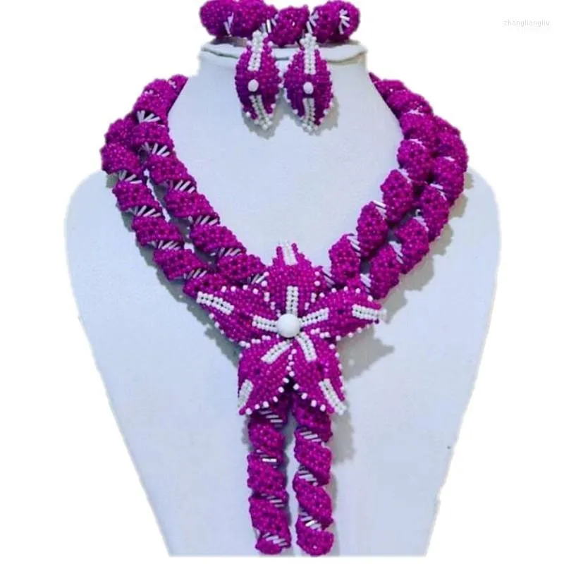 Halskette Ohrringe Set Eleganter feiner Schmuck Fuchsia Rosa Braut afrikanische Sets für Frauen Kristall handgefertigte Schichten Schmuck Perlen 2022