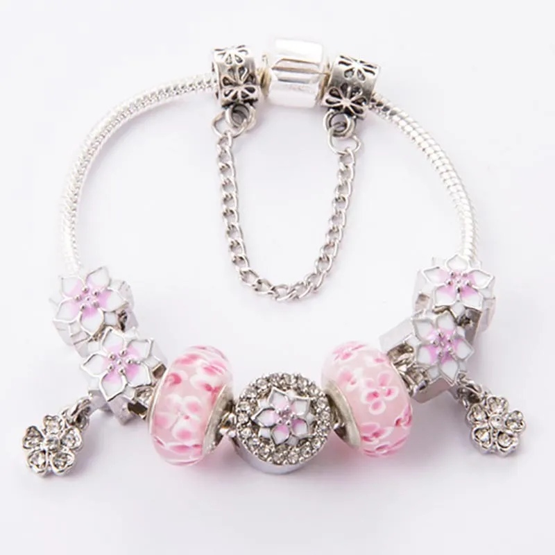 Moda argento sterling 925 rosa fiore di ciliegio fiore murano lampwork vetro fascino europeo perline cinque petali fiore magnolia ciondola adatto bracciali fascino pandora