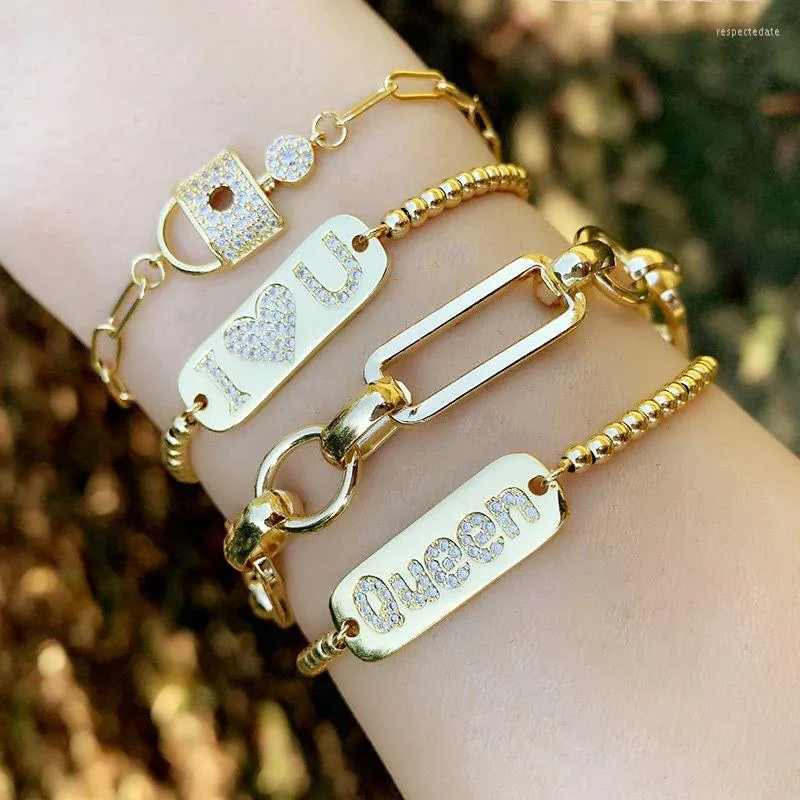 Braccialetti di collegamento 2022 Fashion White CZ Love Lock Sliced Letters Shape Jewelry For Women Charm Gold Copper Dainty Bracciale regolabile regalo