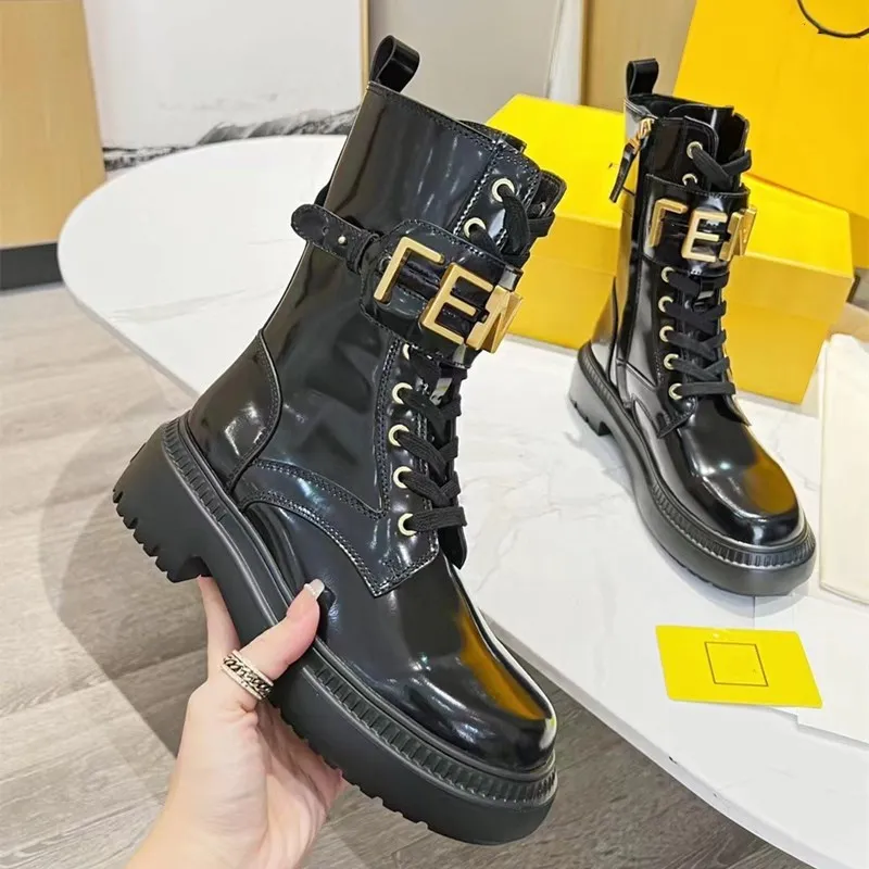 New Designer Women Boots %100genuine Leather Shiny Detachable Combat Shoes Outdoor Thick Bottom Mid-length Boot Size35-41