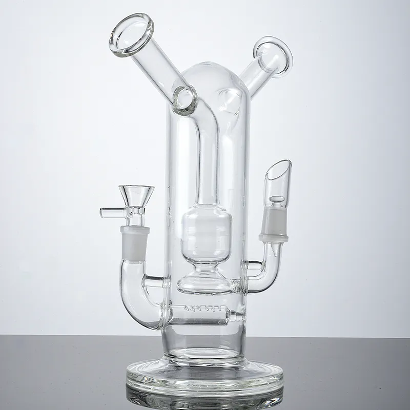 Unique Double Bongs 9 pouces Inline Perc Hookahs Splashguard Sidecar Neck Water Pipes Clear Dab Rigs Avec 14mm Mâle Et Femelle Joint Pipe Herbes Et Concentré