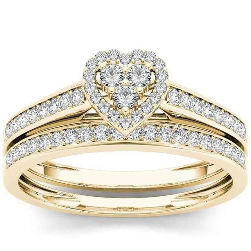 Anneaux de mariage 2 pièces ensemble de mariée élégant cristal bague de fiançailles de luxe couleur or rond coeur Zircon pour les femmes Boho bijoux 2021342y