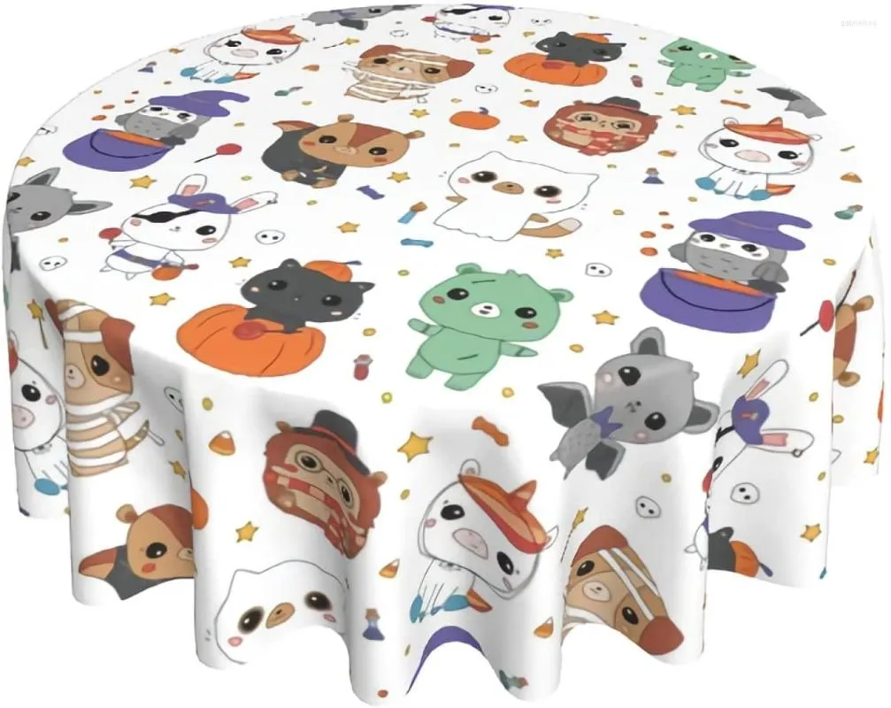 Nappe ronde d'Halloween avec animaux de dessin animé Kawaii - Lavable, anti-plis, résistante aux taches - Nappe d'extérieur 152,4 cm