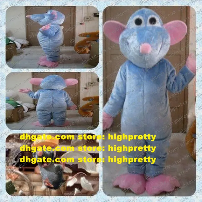 Traje de Mascote Ratatouille Remy Azul Engraçado Mascote Rato Rato Mouselet Com Nariz Rosa Pequeno Rosto Feliz Nº 2856