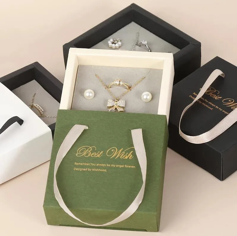 Бумажные ящики для ювелирных изделий для кольца кольцо -колье в подарочных коробках с ручкой для свадебного предложения