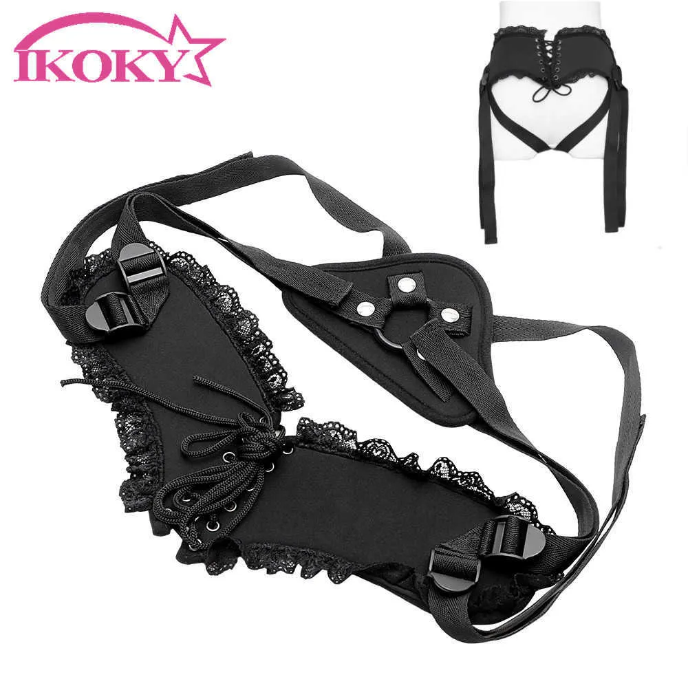 Beauty Items IKOKY Strap On Harness Wearable Penis Bondage Dildos Lace Pants sexy Toys for Women Lesbian Female Masturbator