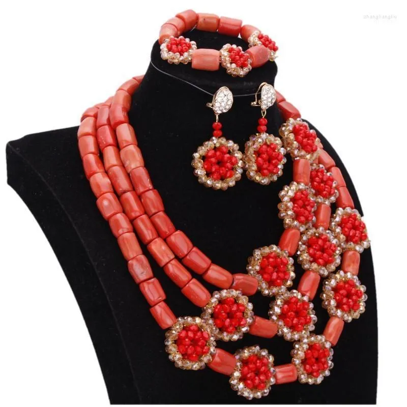 Naszyjnik Zestaw Dudo Oryginalne koraliki koralowce biżuteria z czerwonymi kryształowymi kryształowymi kwiatami afrykańska nigeryjska biżuteria