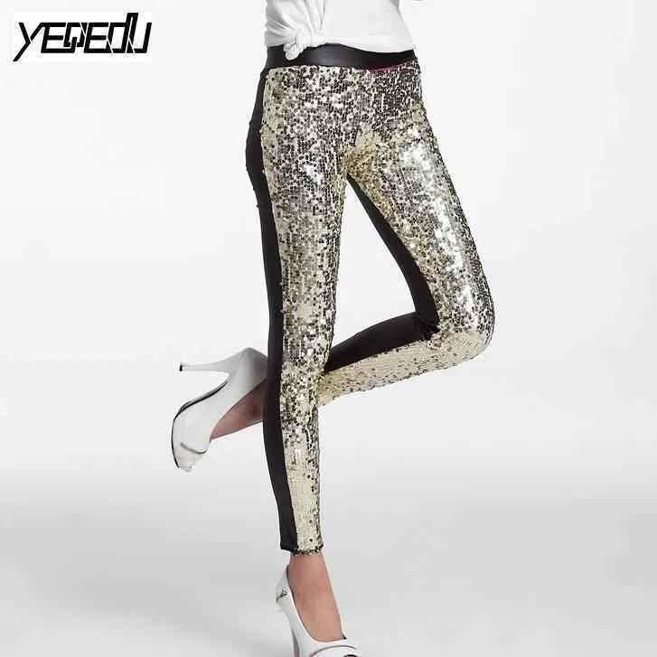 Women's Leggings #0503 Spring Summer 2021 Punk PU paljetter Leggings Sequin Pants Elastic High midja Sexig klubb Faux Leather Shiny Silver/Gold/Red T221020