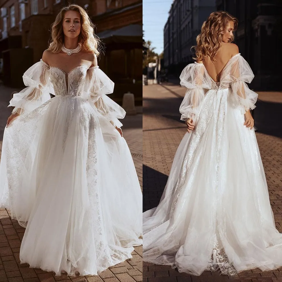 Sweetheart A Line Wedding Dresses Removable Long Sleeves Bridal Gown Tulle Floor Length Lace Robe De Soiree