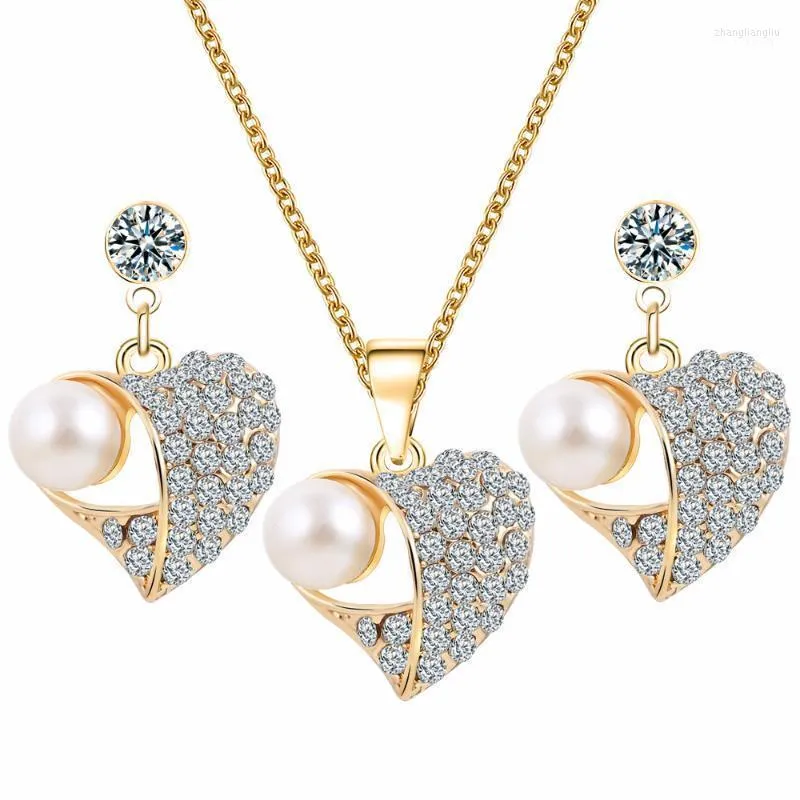 Серьги по ожерелью набор Hocole Fashion имитация сердца имитация жемчужного страза Золотая цепь для женщин свадьба