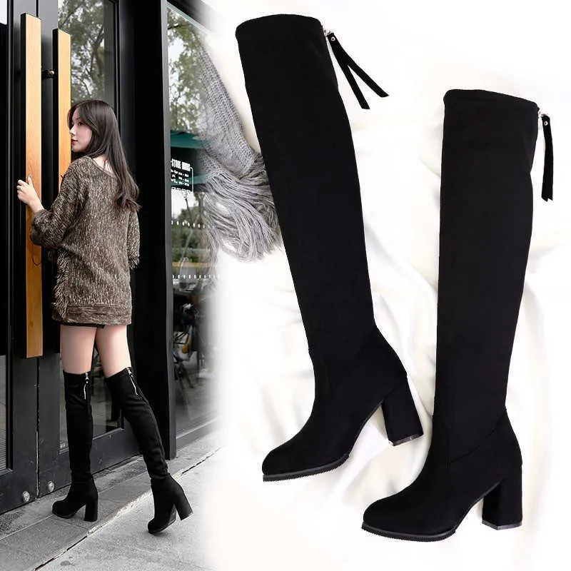 Stövlar 2022 Vinter nya damer Fashion Bekväm plus Cotton Warm Boots Women Casual Sexig Flock Zip Black High Heel Mujer C96 221013