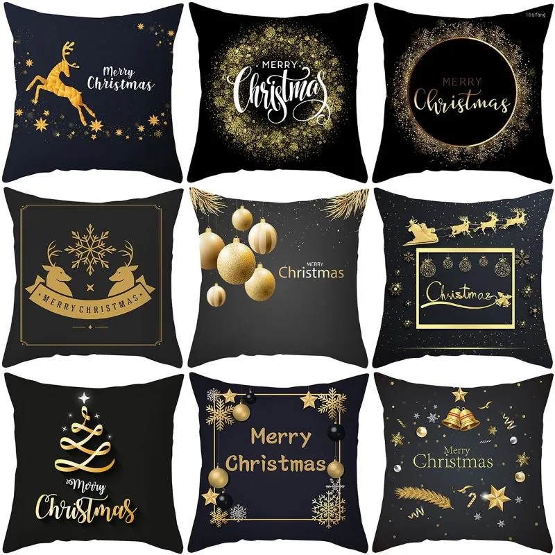 Décorations de Noël LuanQI doré noir motif housse de coussin joyeux décoration pour la maison Noel Navidad 2022 cadeau de Noël bonne année 2023