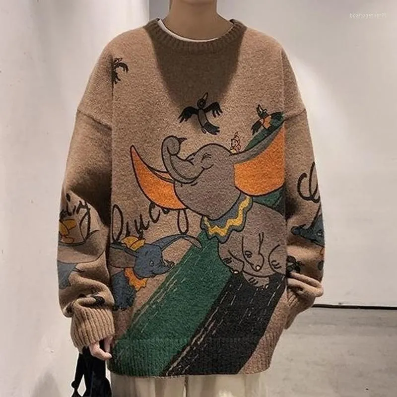 Damenpullover Vintage Cartoon Tierdruck Frau Übergroße Winter Langarmshirts O-Ausschnitt Pullover Weiß Kaffee Kawaii Teenager Kleidung