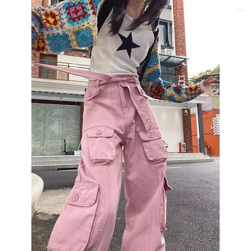 Women's Jeans High Street Ins Pink Cargo Woman Style Beauty Retro Loose Waist Casual Hip Hop Straight Leg Wide Trousers