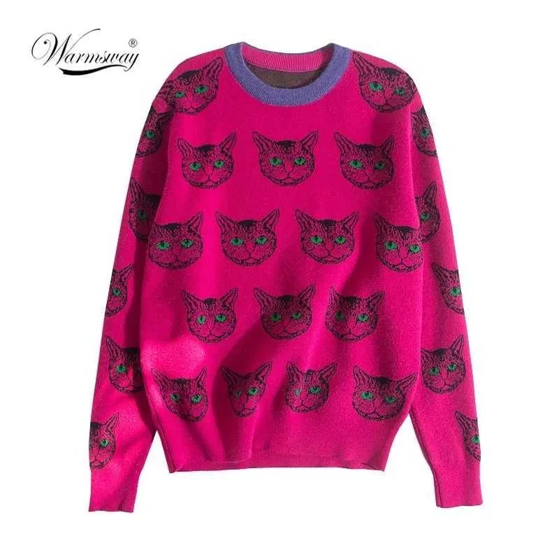 Kadın Sweaters Yüksek Kaliteli Pist Tasarımcısı Kedi Baskı Örme Külot Kadınlar Sonbahar Kış Uzun Kollu Harajuku Tatlı Jumper C-192 201128