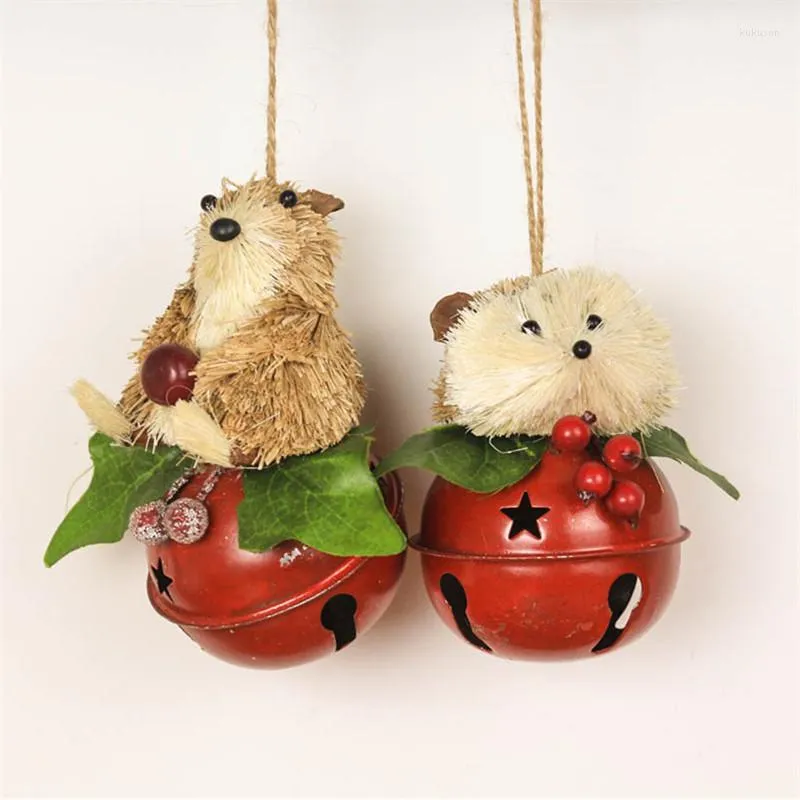 Fournitures de fête 3.5 "cloches d'arbre de Noël paille ours hérisson pendentif décorations pour la maison Noel Jingle métal décor artisanat ornement cloche