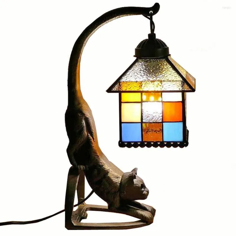 Table Lamps Tiffany Metal Bronze Bedroom Bedsides Lamp Glass Lampshade Study Room Club Desk Retro Bar Counter Kitten Light