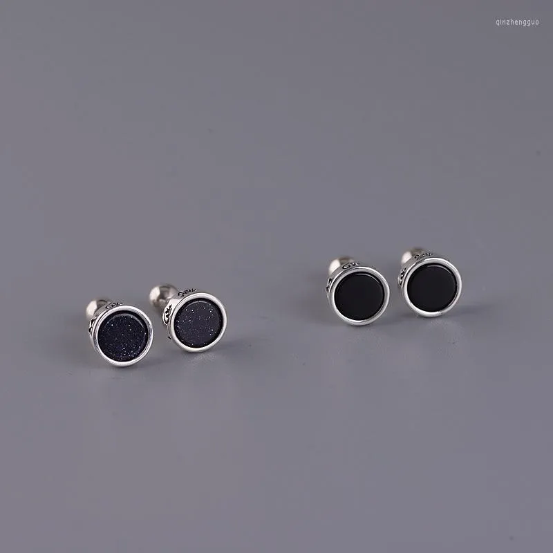 Boucles d'oreilles à tige en argent véritable noir rond mode boucle d'oreille pour homme femme unisexe S925 Sterling Simple bijoux cadeau