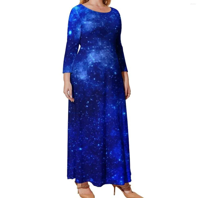 Artı boyutu elbiseler mavi galaksi gökyüzü elbisesi kadın astronomi baskı zarif maxi sokak moda boho plaj uzun kıyafetleri 3xl 4xl