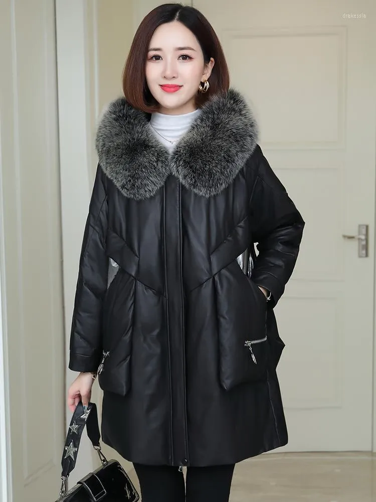 Women's Leather 90% White Duck Down Real Sheepskin Jacket Women Fur Collar Hooded Coat Female Oversized Women's Jackets Ropa Zjt1257